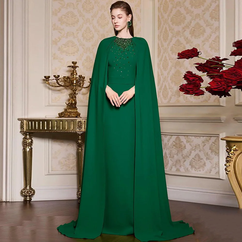 Arabian Green Evening Dress New Arrvial Customized Jewel Beading Crystal Arabic Party Gown with Cape Wedding Prom Dresses