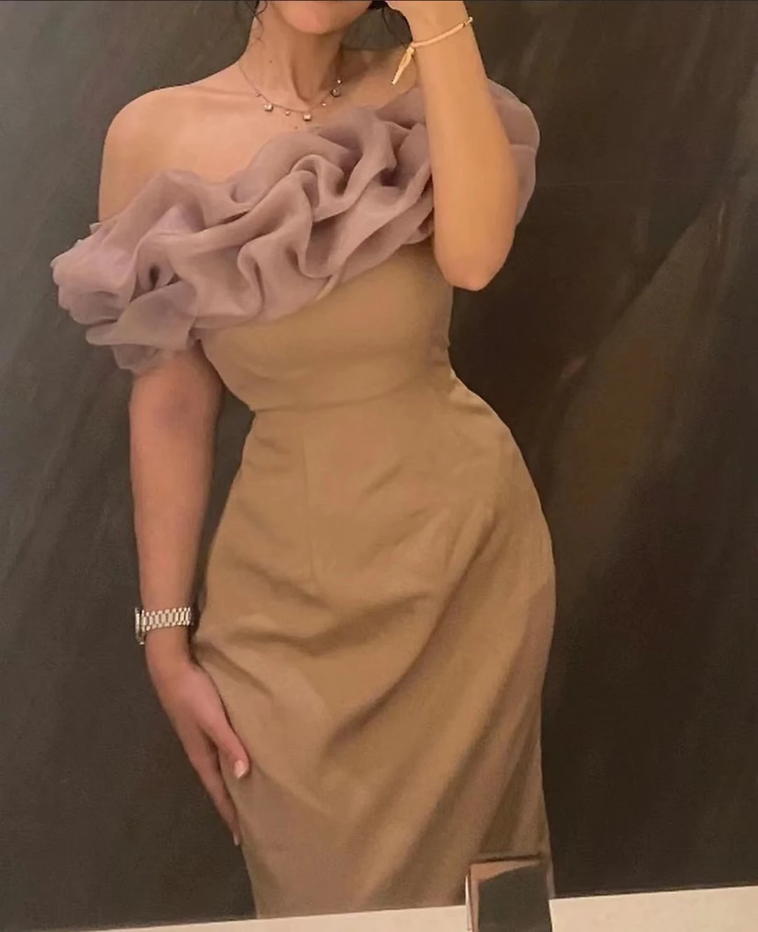 AsaNagi Khaki Color Boat Neck Elegant Evening Party Dress Women Ankle-length 2023 Daily Attire For Dates فساتين نسائيه سهره