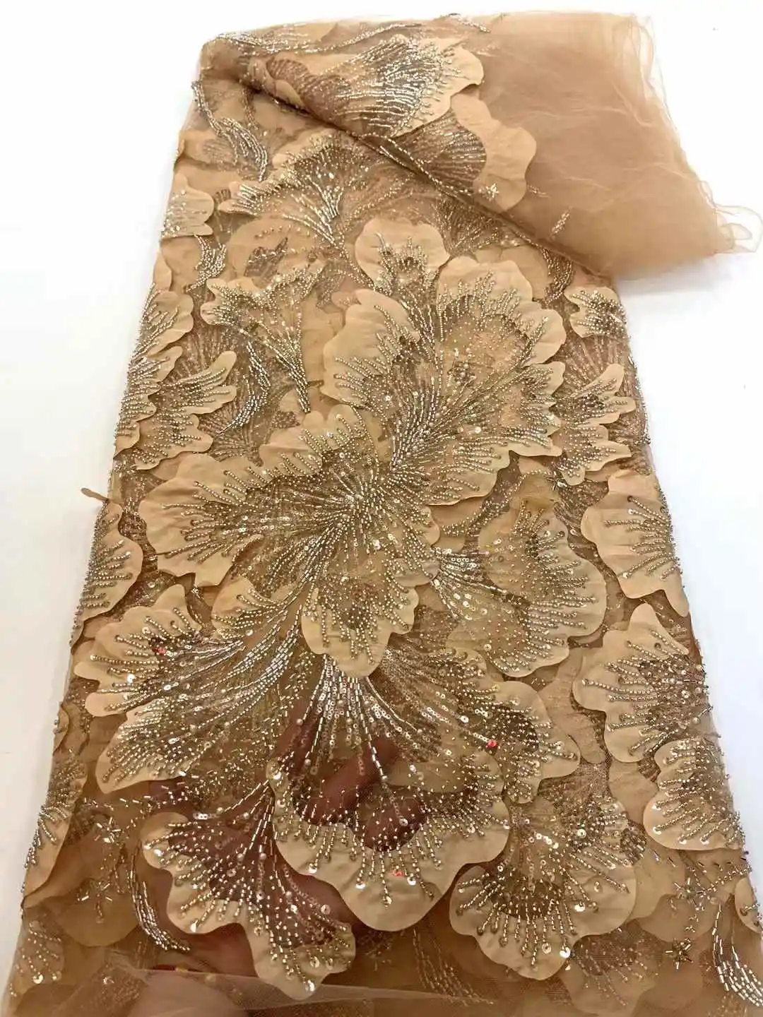 African French Beaded Lace Fabric 2025 High Quality Lace Embroidery Lace Nigerian Sequins Tulle Lace 5 Yards For Sew Party Dress