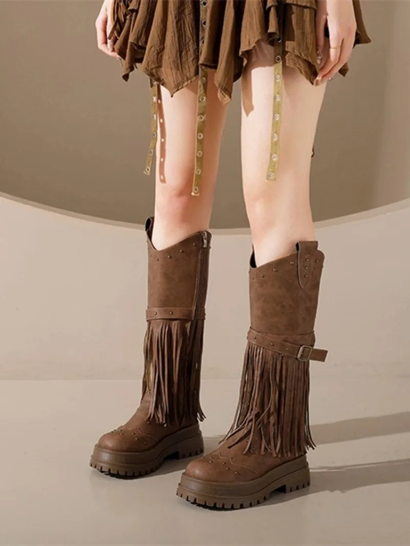 Large Size 42 Women Retro Ethnic Western Cowboy Boots Block Medium Heels Tassel Fringe Kneehigh Boot Lady Winter Shoes Fashion