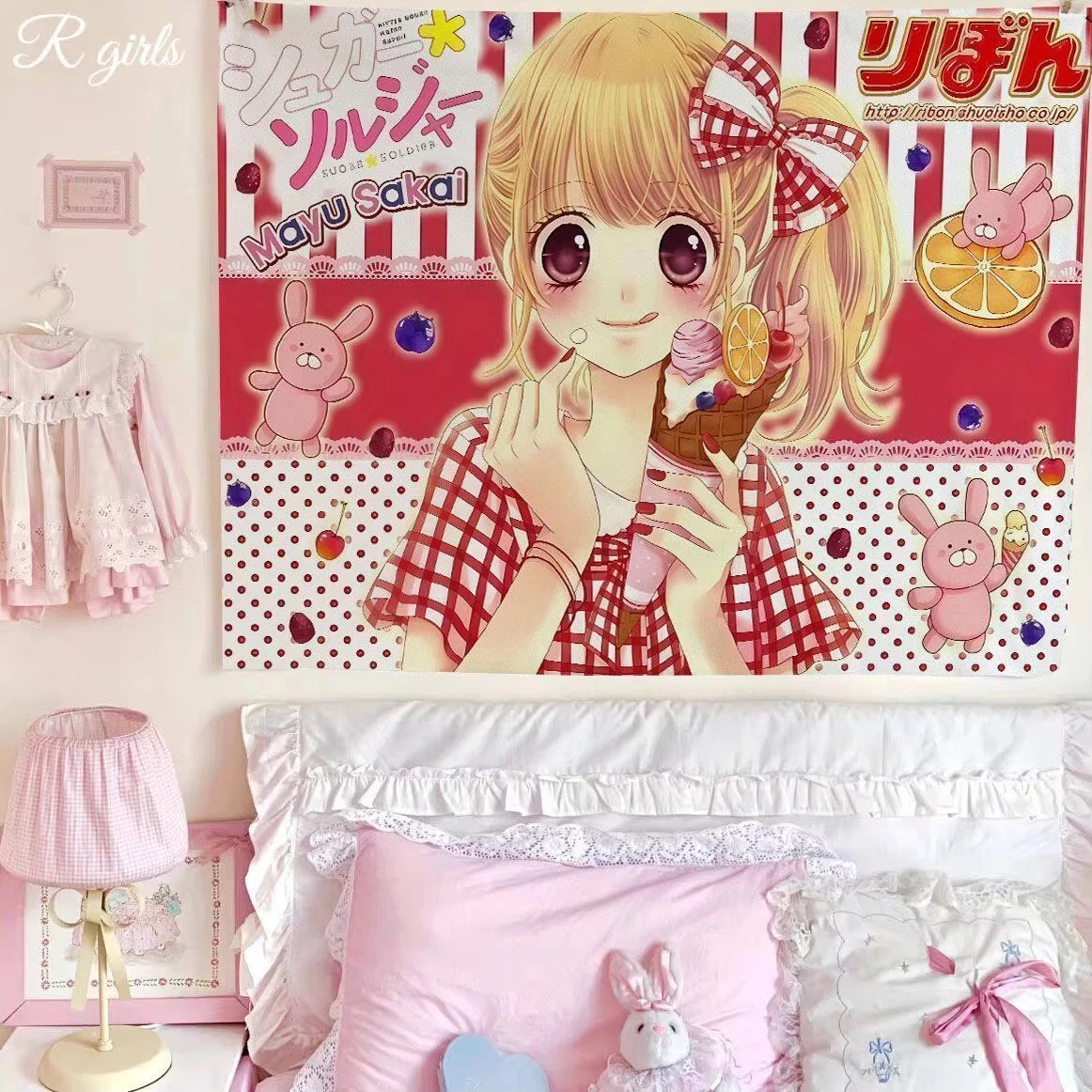 VIKAMA Tapestry, Cute Sugar Soldier Anime Girls with Pastel Striped Background for Girls' Bedroom Decoration