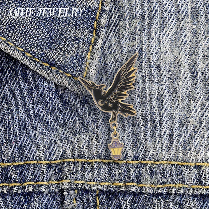 Flying Raven and Lantern Pendant Enamel Pins Mystical Punk Crow Moon Star Black Bird Brooch Lapel Pin Badge Gothic Jewelry Gifts