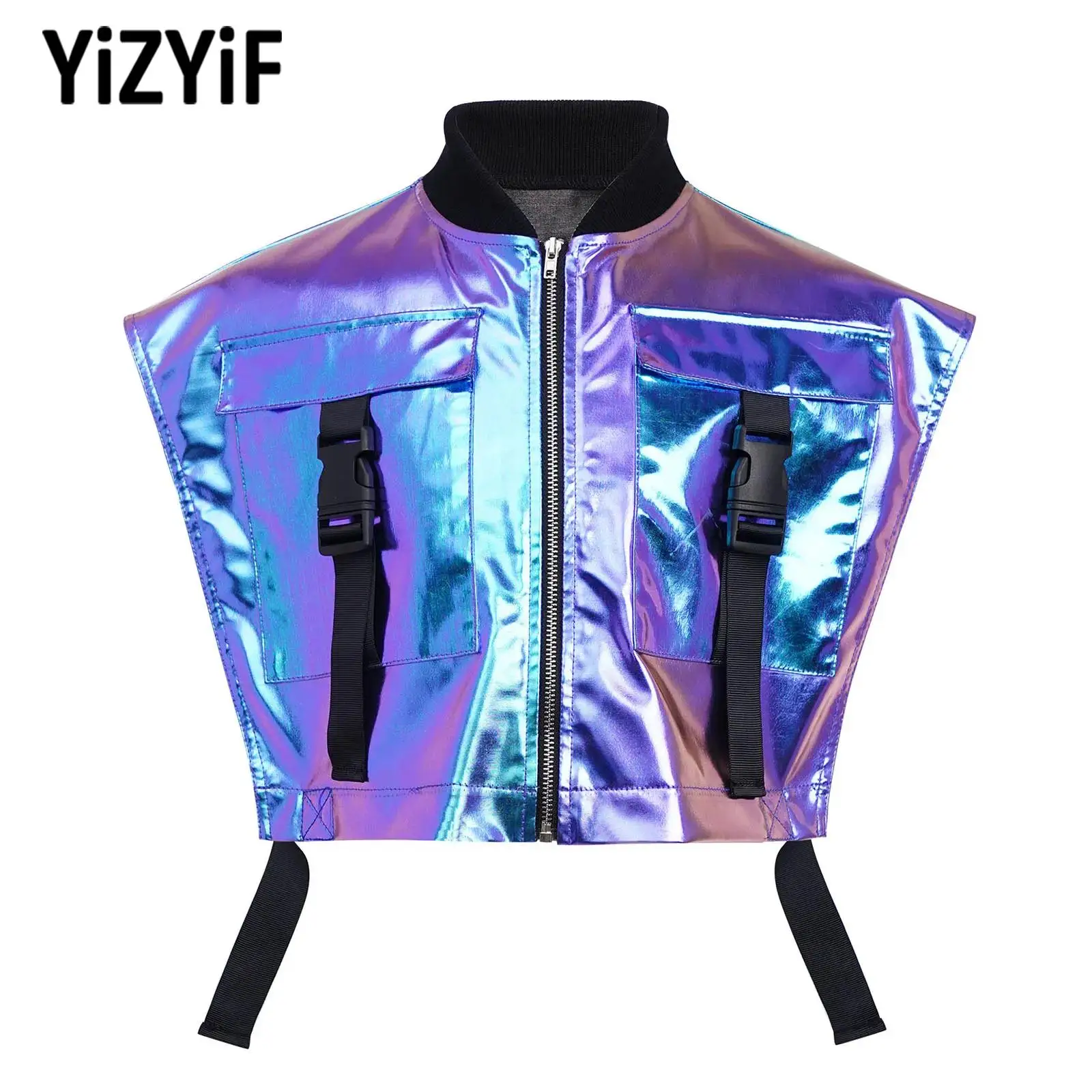 

Child Girls Hip Hop Jazz Dancing Tops Stage Performance Costume Sides Open Metallic Vest Sleeveless Zipper Jacket with Pockets