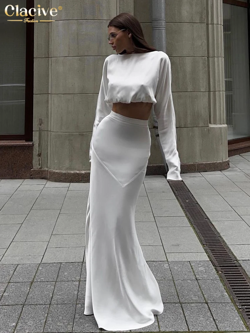 Clacive Sexy White Satin 2 Piece Sets Women Outfit 2024 Fashion Long Sleeve Crop Top With High Waist Long Skirts Set Streetwear