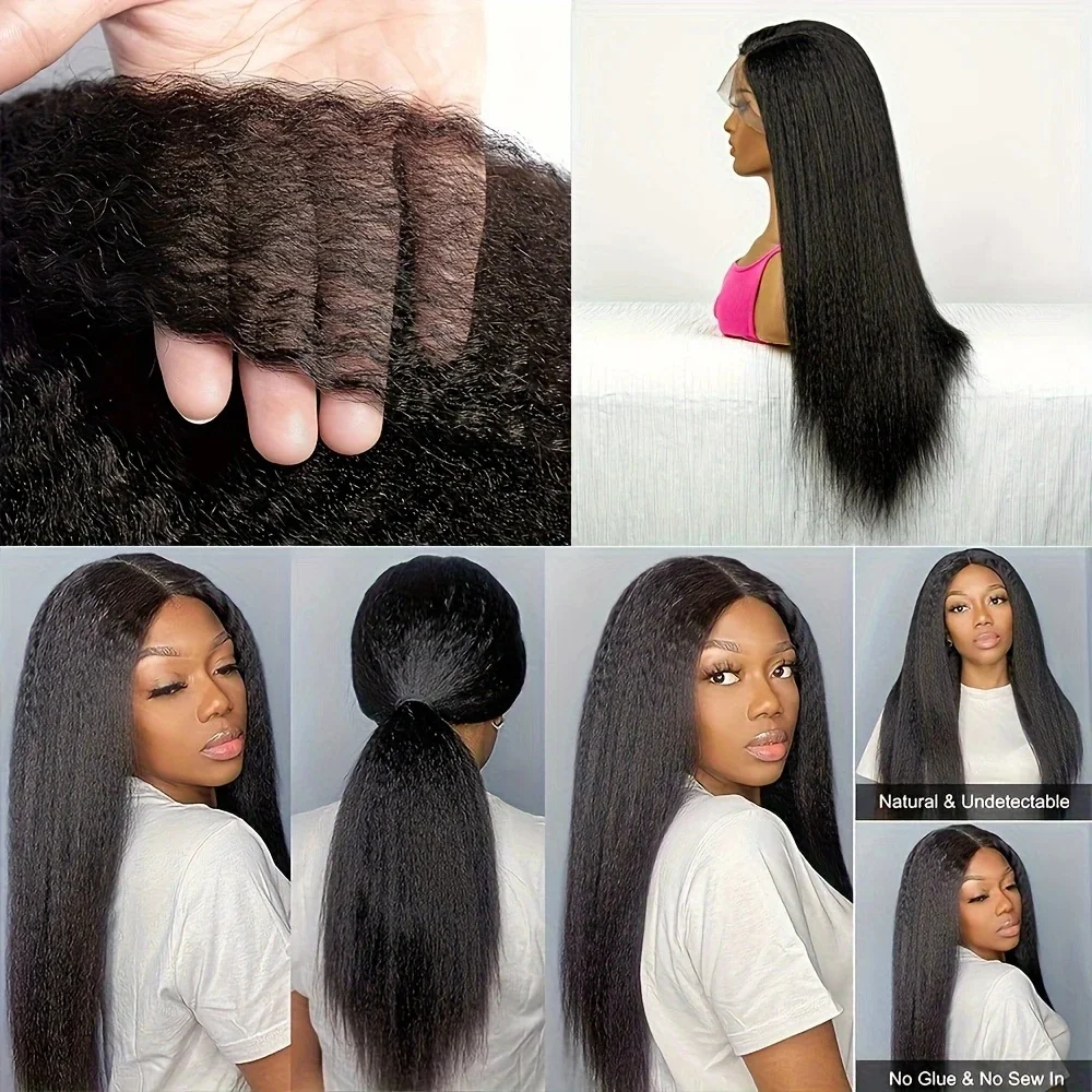 Kinky Straight 13×4 Lace Front Wigs Human Hair 1B Transparent 5×5 Pre Plucked With Baby Hair 220 Density Frontal Wig For Women