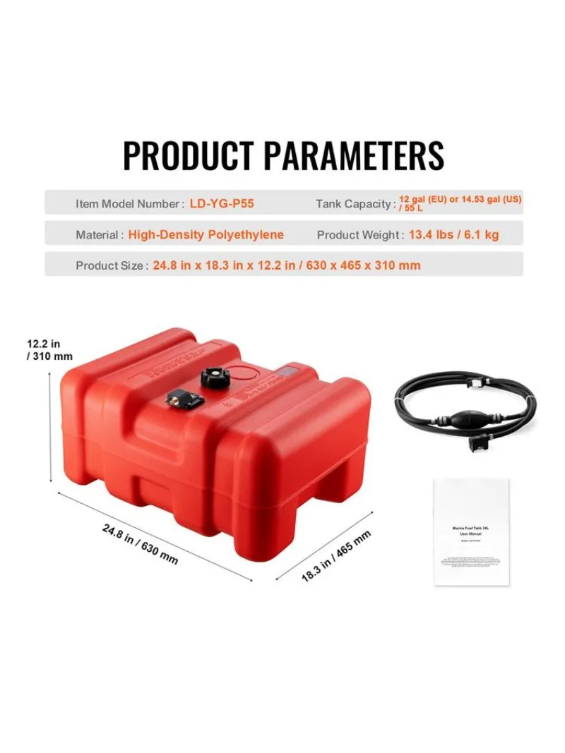 Marine Fuel Tank, 14.53 Gallon/55L, Portable Boat Fuel Gas Tank for Outboard Engine Boats, Plastic Outboard Marine Boat Fuel Tank with Hose, Easy to Carry for Yacht, Fishing Boat, Deck Boat, Red view 2