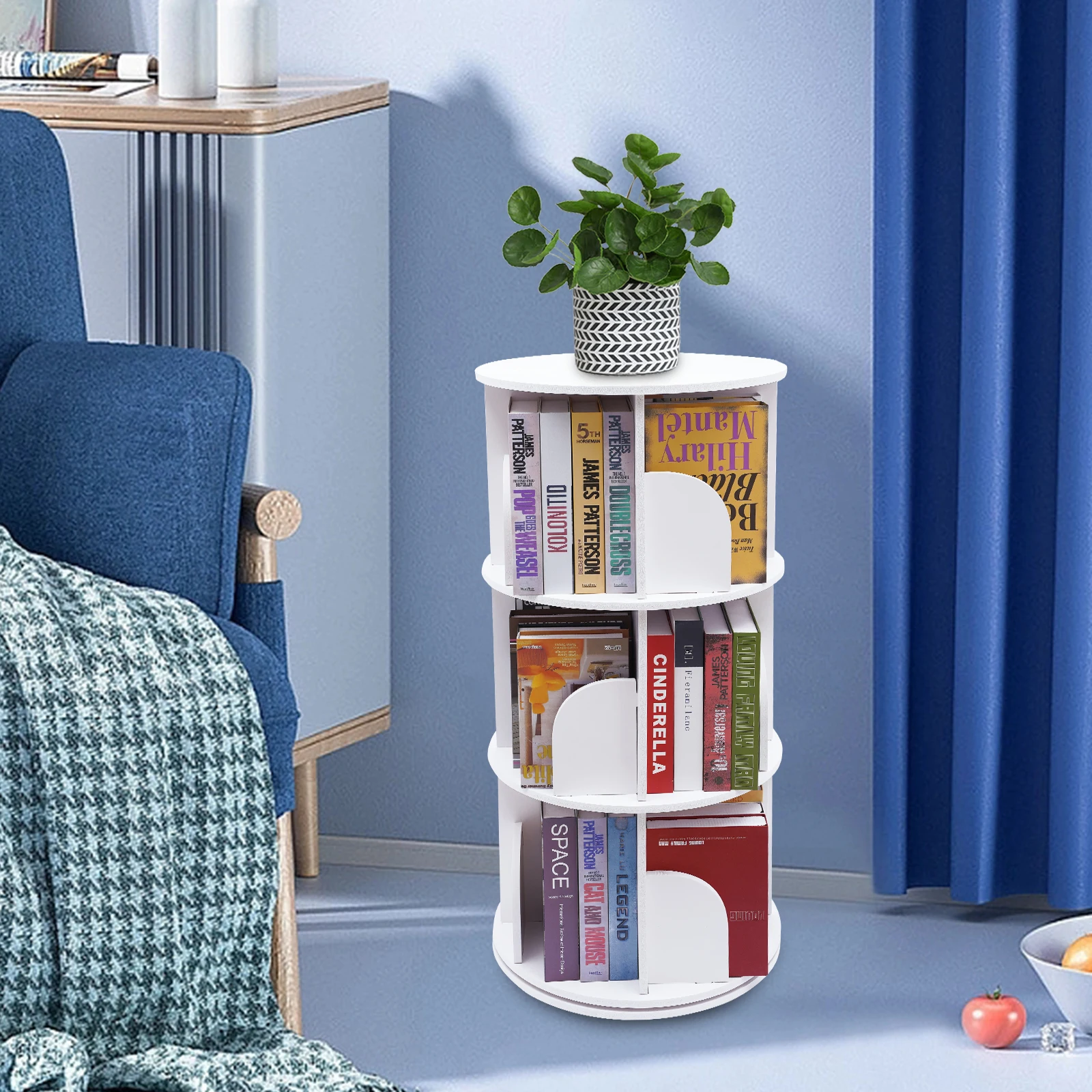 

3-Tier White 360° Rotating Stackable Shelves Bookshelf Organizer, PVC Narrow Bookcase Storage Rack for Bedroom Living Room White