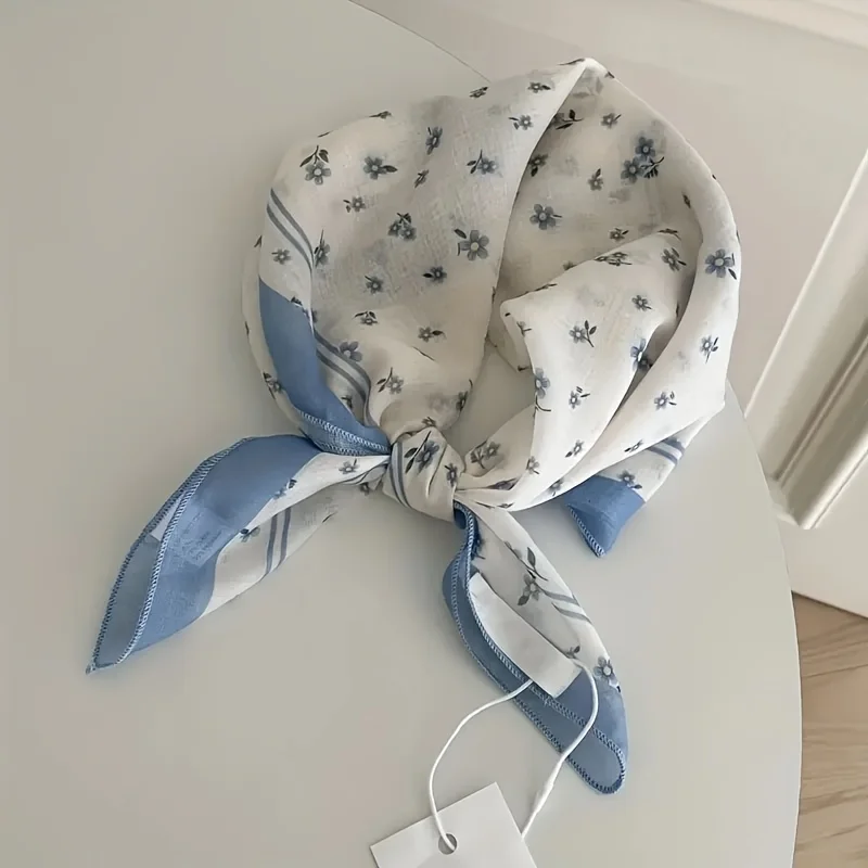 Lightweight Blue Floral Print Scarf - Soft Polyester, Elegant & Versatile for Casual Attire, Perfect for Spring & Summer Outings, Casual Accessory| Floral Print Scarf| Texture