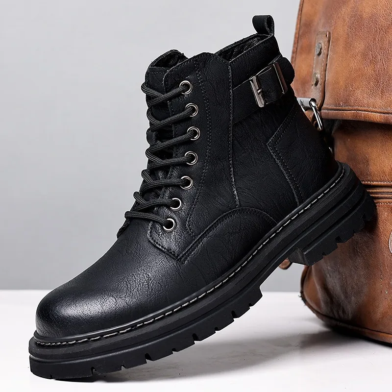 Autumn Winter Leather Platform Boots for Men Fashion Soft-soled Warm Casual Men Work Shoes New Designer Lace Ankle Boots Male image 2