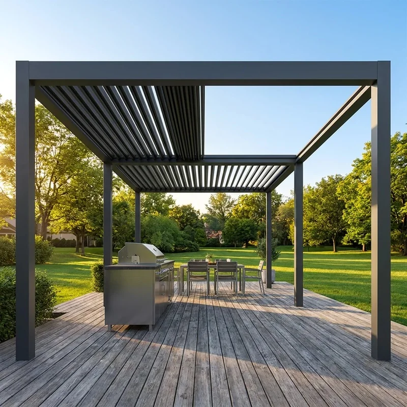 Elegant Garden Pergola Aluminium Outdoor with Manual Crank Handle, Freestanding Gazebo Pavilion Outdoor Kitchen Gazebo
