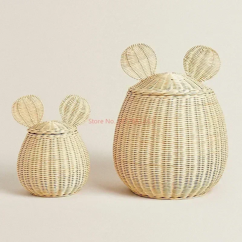 Rattan Woven Storage Basket Mouse Shaped Toy Decorating Sundries Storage Box Nordic Style Handcrafted Woven Storages Baskets