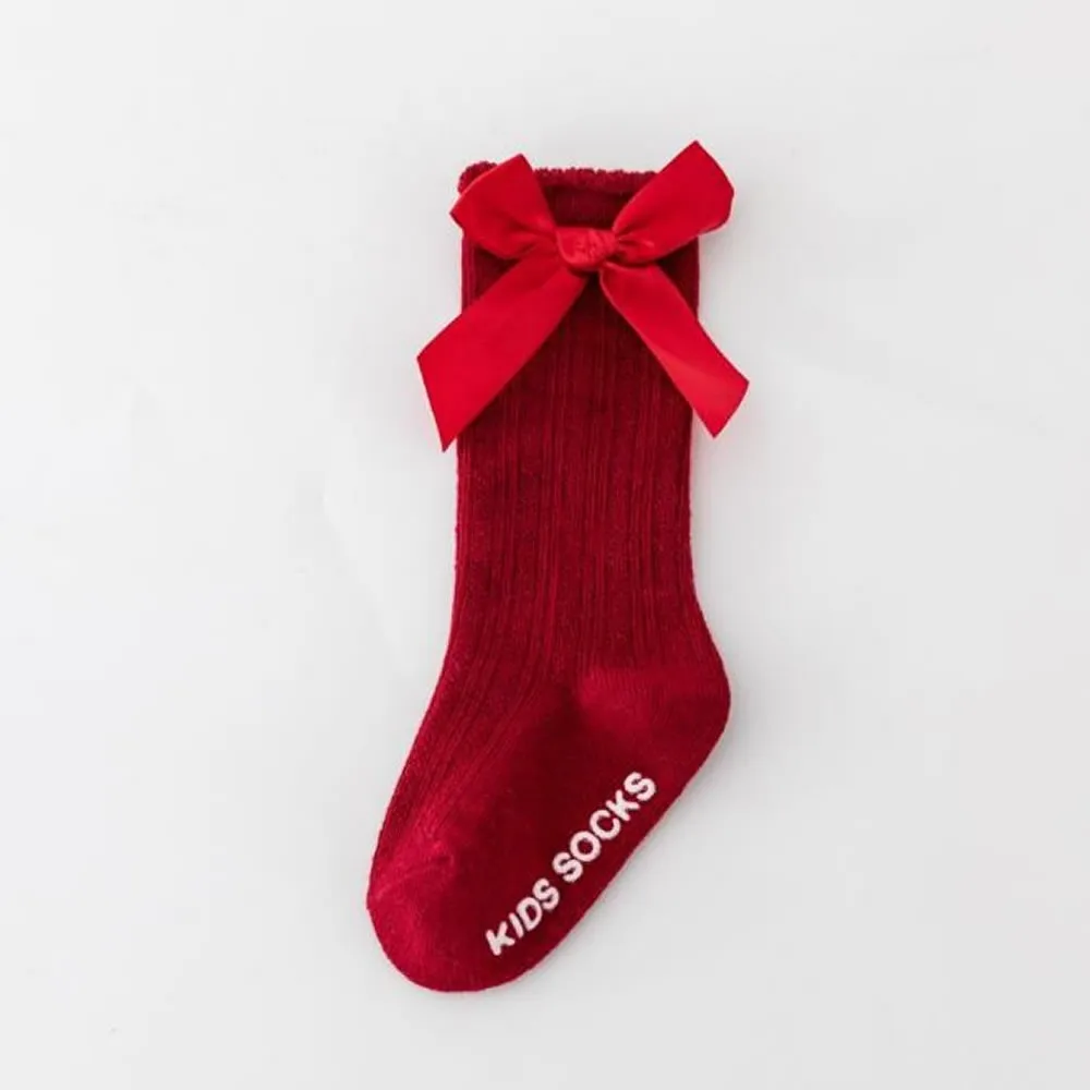 New boys and girls solid color striped stockings polyester-cotton non-slip baby bow stockings