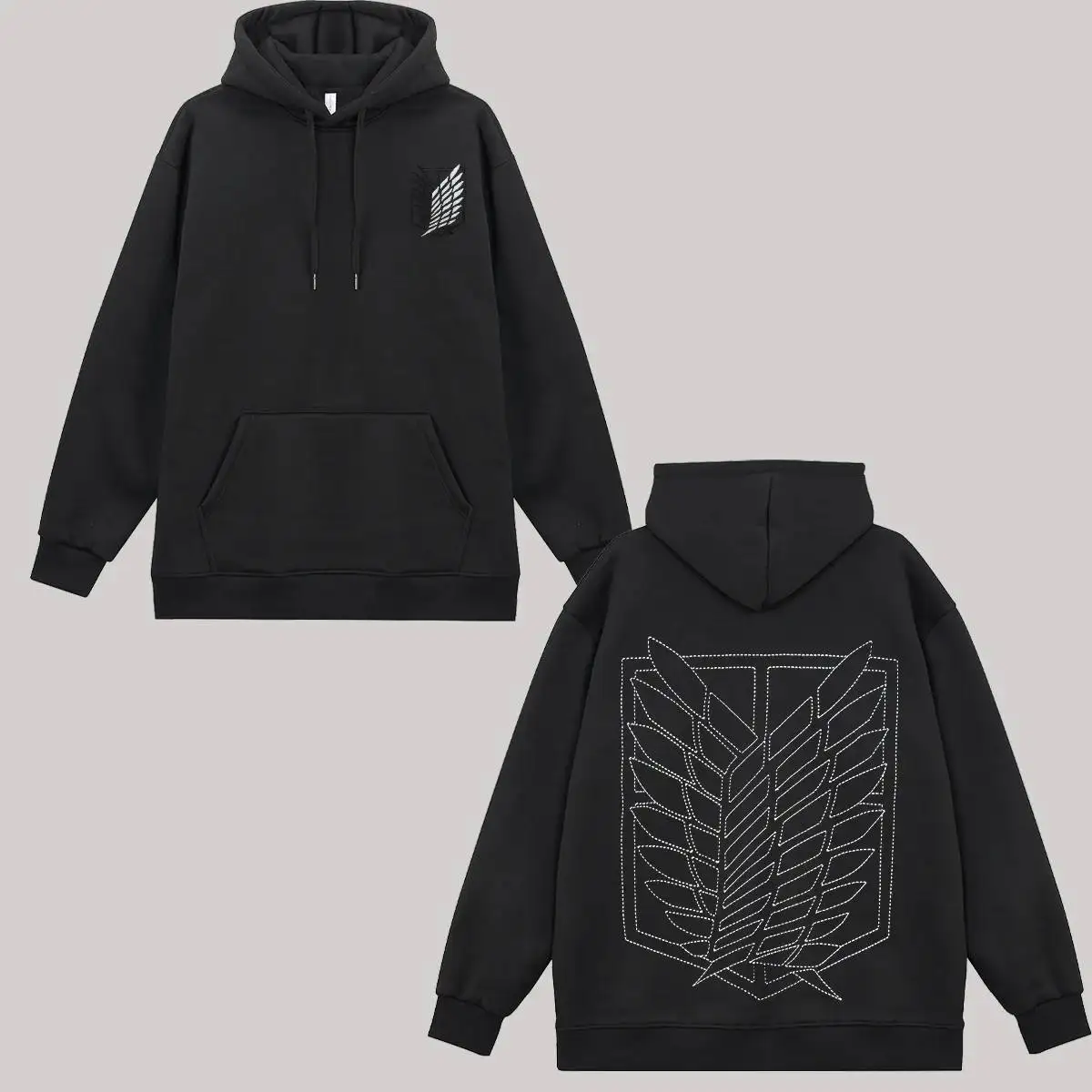 

Mens Spring Black Hoodie Fleece Lined Cotton Anime Attack on Titan Scout Regiment Emblem Wings of Freedom Front and Back Print