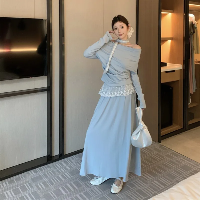 Elegant Long Sleeve T-Shirt And High Waist Midi Skirt Set for Women with Sash Padded Collar Fashionable Casual Outfit
