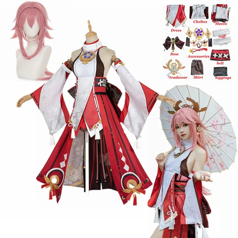 2025 Baru Yae Miko Cosplay Anime Genshin Impact Yae Miko Guuji Yae Kostum Cosplay Wig Gaun Pakaian Pesta Kostum Halloween ☆ ☆