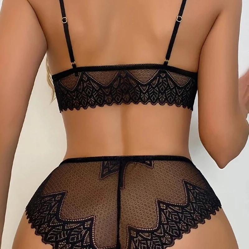 Ensemble de soutien-gorge mince en dentelle taille haute à trois points, lingerie confortable et transparente, slip sexy, 7.0