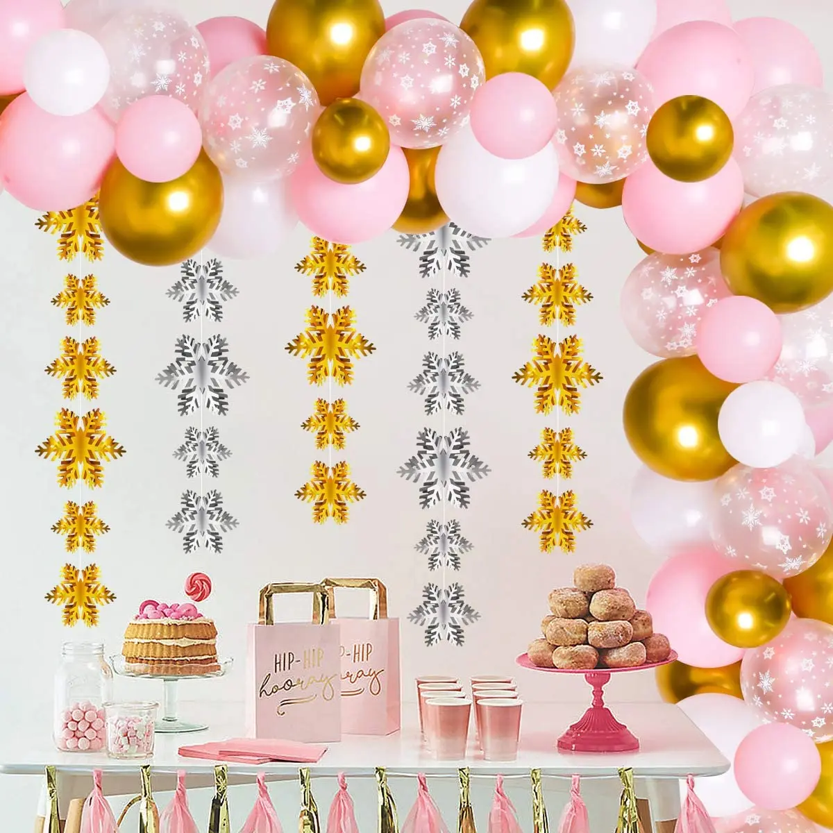 

Winter Wonderland Decorations Pink and Gold Balloon Arch Girl Birthday Party Baby Shower Decorations Snowflake Hanging Garlands