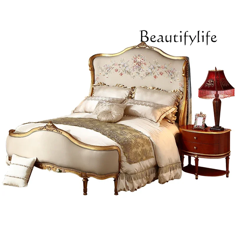 X35 Retro High Backrest Jacquard Fabric Solid Wood 1.8 Meters Wedding Bed Luxury Villa Bedroom