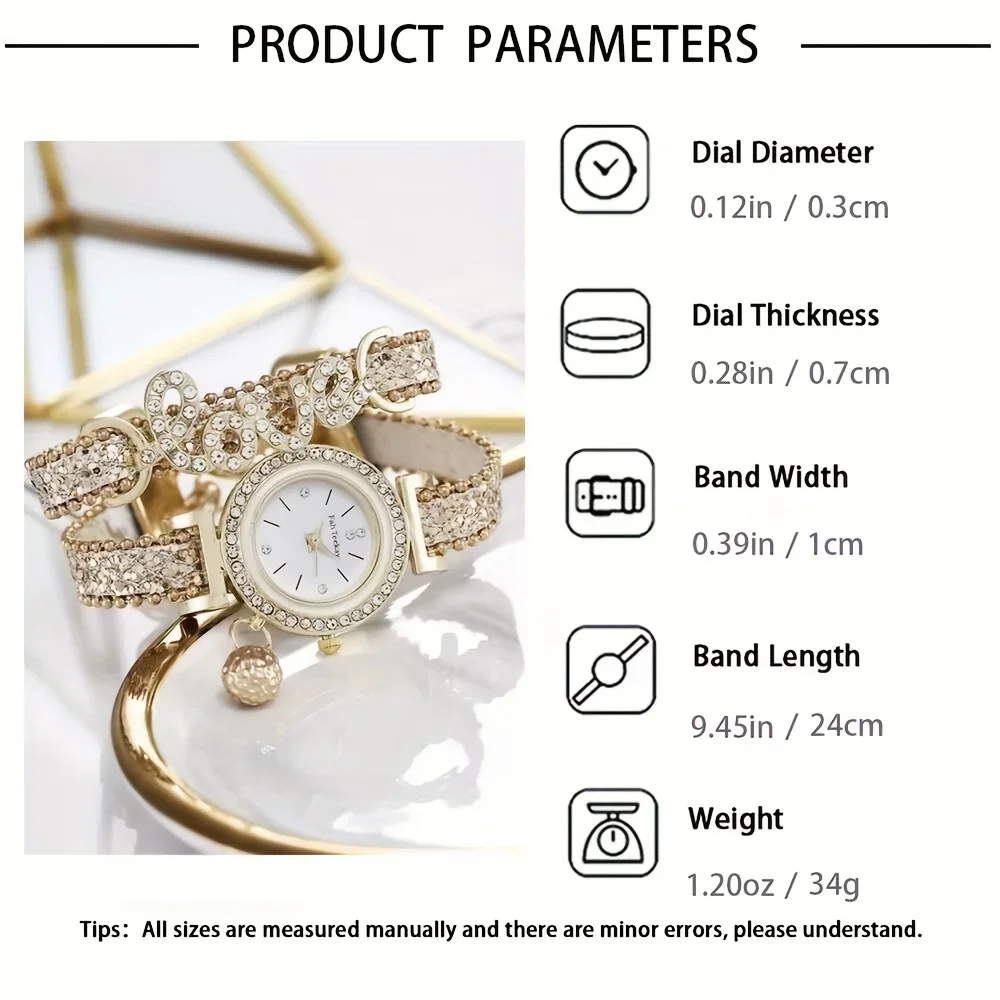 1pc LOVE Rhinestone Decor Quartz Bracelet Watch Luxury Analog Party Dress Bangle Watch & 4pcs Jewelry Set, Gift For Women/Her