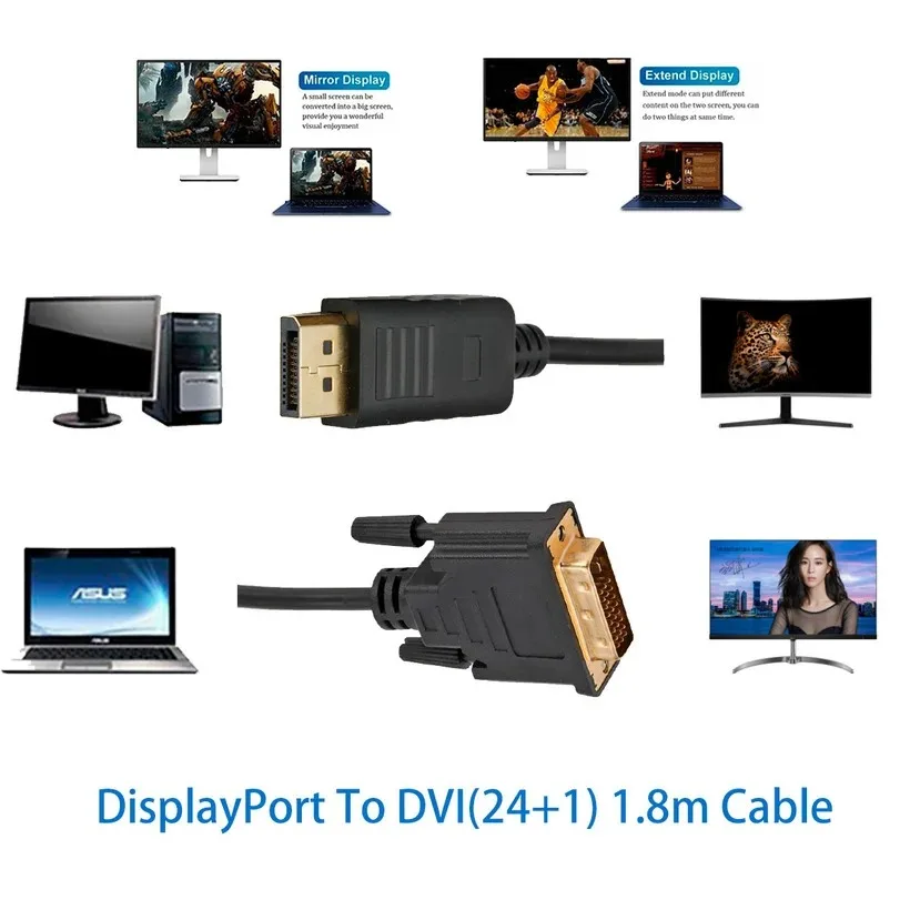 Displayport DP To DVI Cable 6 Feet/1.8m Gold Plated Connector Free Driver for Windows 7/8/10 for Mac OS PC Comptuer HDTV Monitor