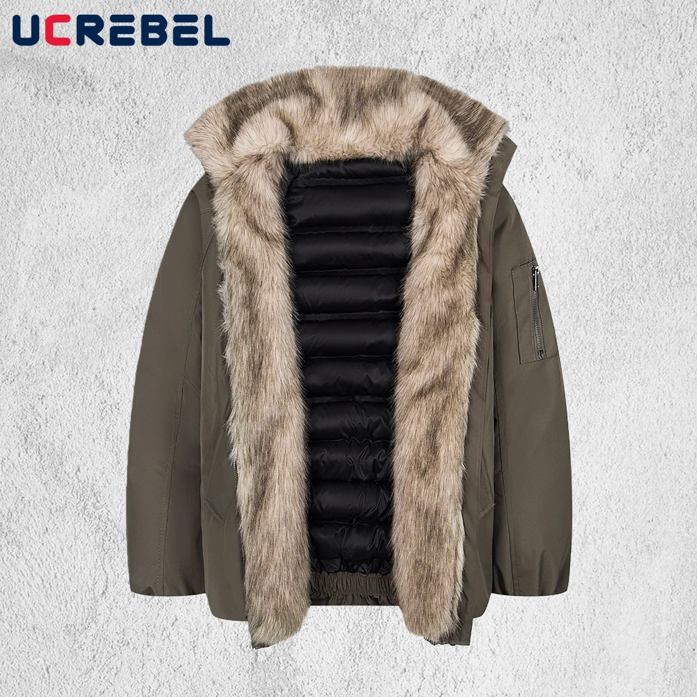 Pocket Spliced Padded Jacket Mens Winter Thick Retro Streetwear Fur Collar Long Sleeve Warm Quilted Jacket Man