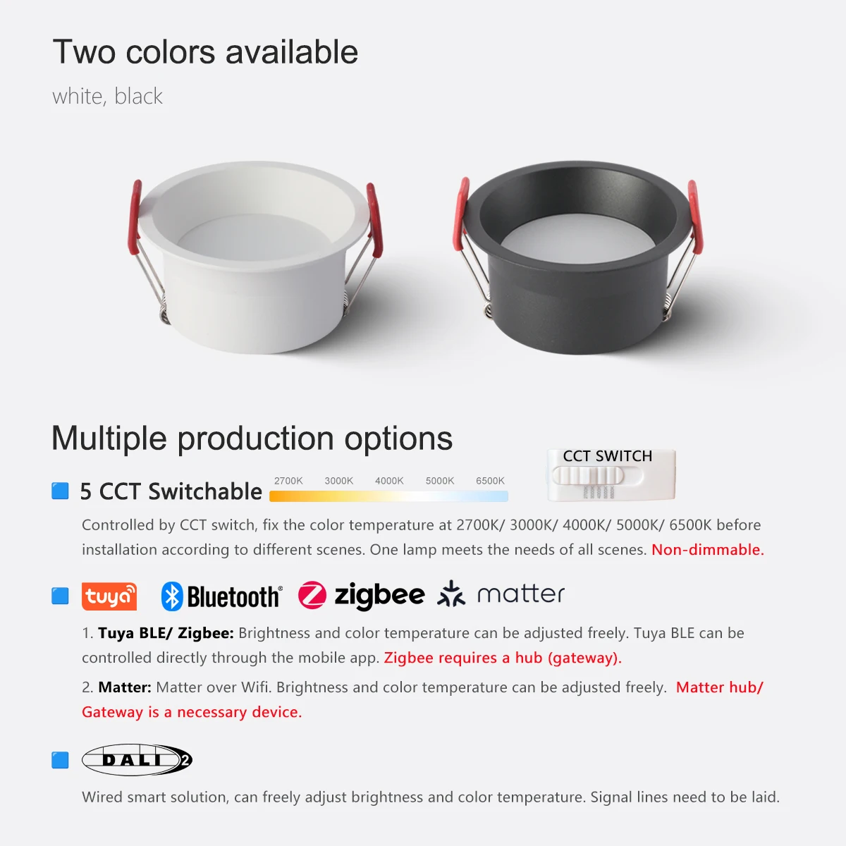 Tuya Zigbee/DALI/Matter/5 CCT 切り替え可能な凹型アンチグレア LED ダウンライトブラック/ホワイトホームリビングルーム寝室照明
