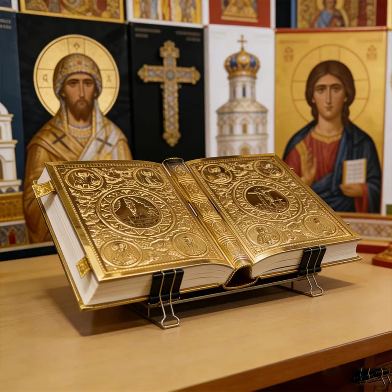 Vintage Gold Plated Orthodox Holy Gospel Book with Enamel Saint Icons for Church Liturgy Home Altar Prayer Christian Faith Gift