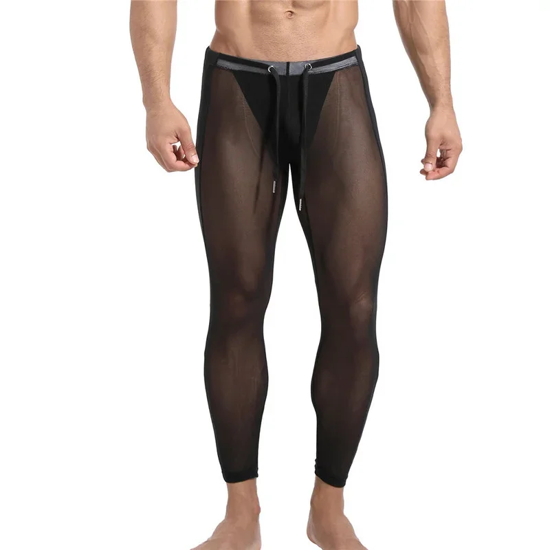 Pantalones largos de malla para hombre, ropa interior Sexy transparente, lencería transpirable, Leggings para dormir en casa, pantalones de pijama