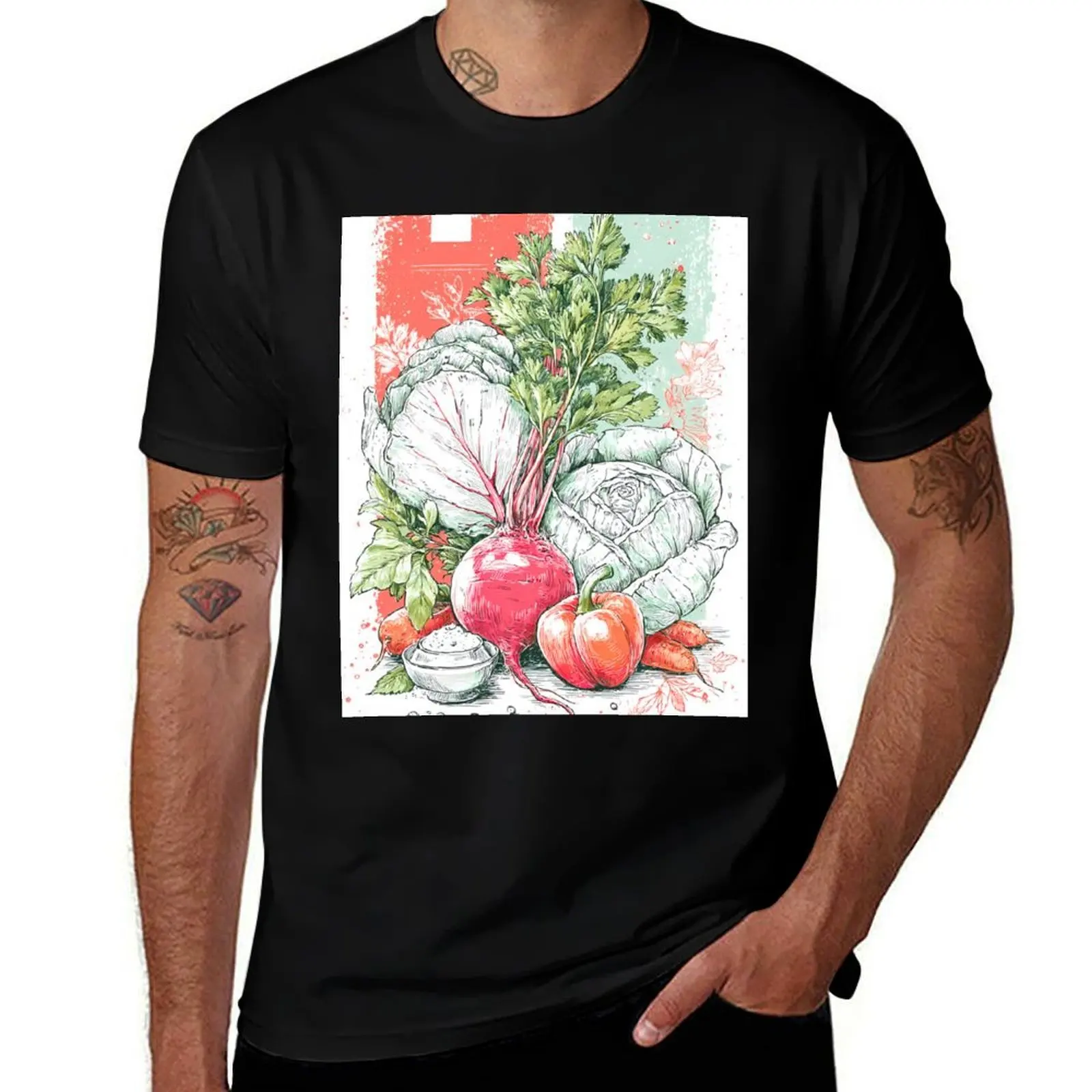 

watercolor in sketch style, cooking poster of ingredients for making Borcht T-Shirt tops men t shirts