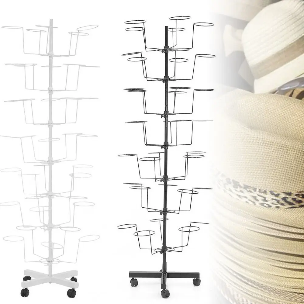 Black White Heavy Duty Hat Coat Rack 4 Wheels 7 Layer Standing Clothes Rack Rotating Hanger Floor Metal