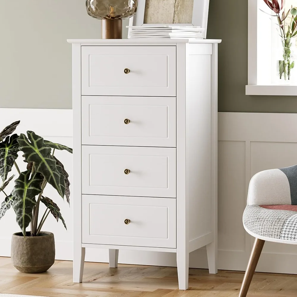 

4 Drawer Dresser, White Dresser Antique Chest of Drawers with Solid Frame, Tall Wood Dresser Storage Chest Cabinet