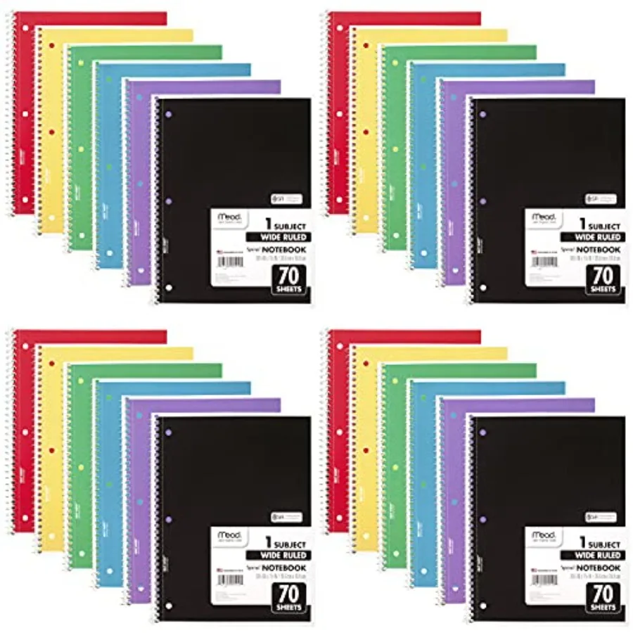 

Spiral Notebook 24 Pack 1 Subject Wide Ruled Paper 7-1/2" x 10-1/2" 70 Sheets per Notebook Colors Will Vary 930203-ECM25