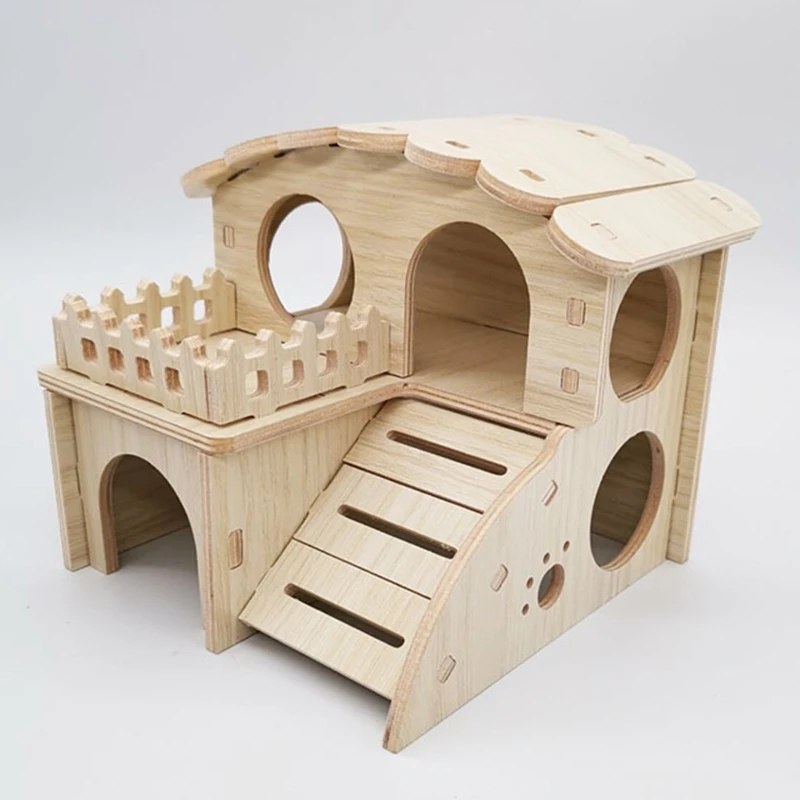 Wooden Hamster House Hideout Double Layer Hideaway Exercise Toy for Small Animals Dwarf Mouse Easy Assembly