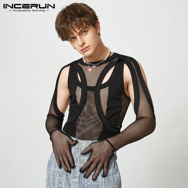 Men's Bodysuits Mesh Patchwork Transparent Sexy O-neck Long Sleeve Gloves Rompers Men Hollow Out Irregular Bodysuit INCERUN 2024