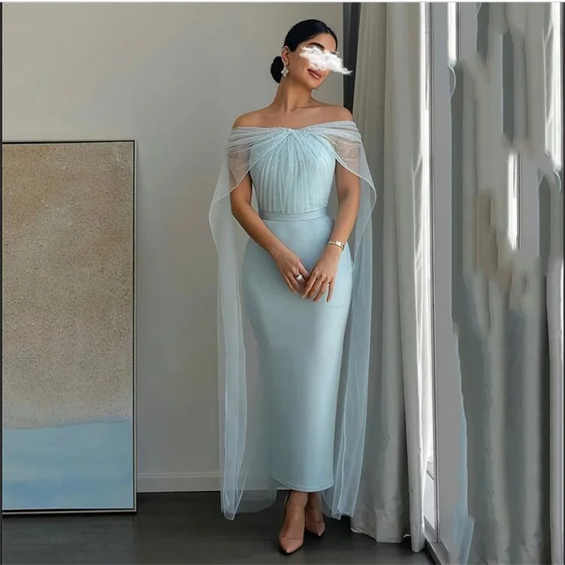 

Dresses For Women 2023 Elegant For Mother Of The Bride Dresses Sky Blue Tulle Saudi arabia Cape Sleeve Evening Party Gowns