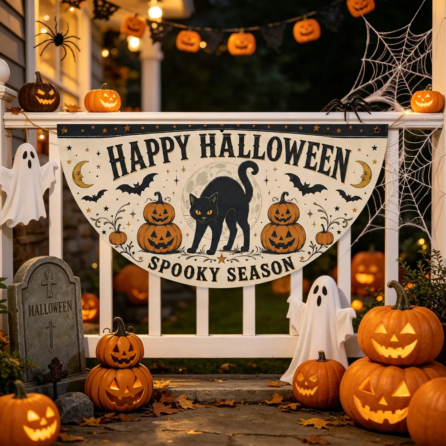Vintage Halloween Garten Halbventilator-Wimpelkette mit Kürbis und schwarzer Katze für festliche Dekorationen im Innen- und Außenbereich, für Kamin und Garten