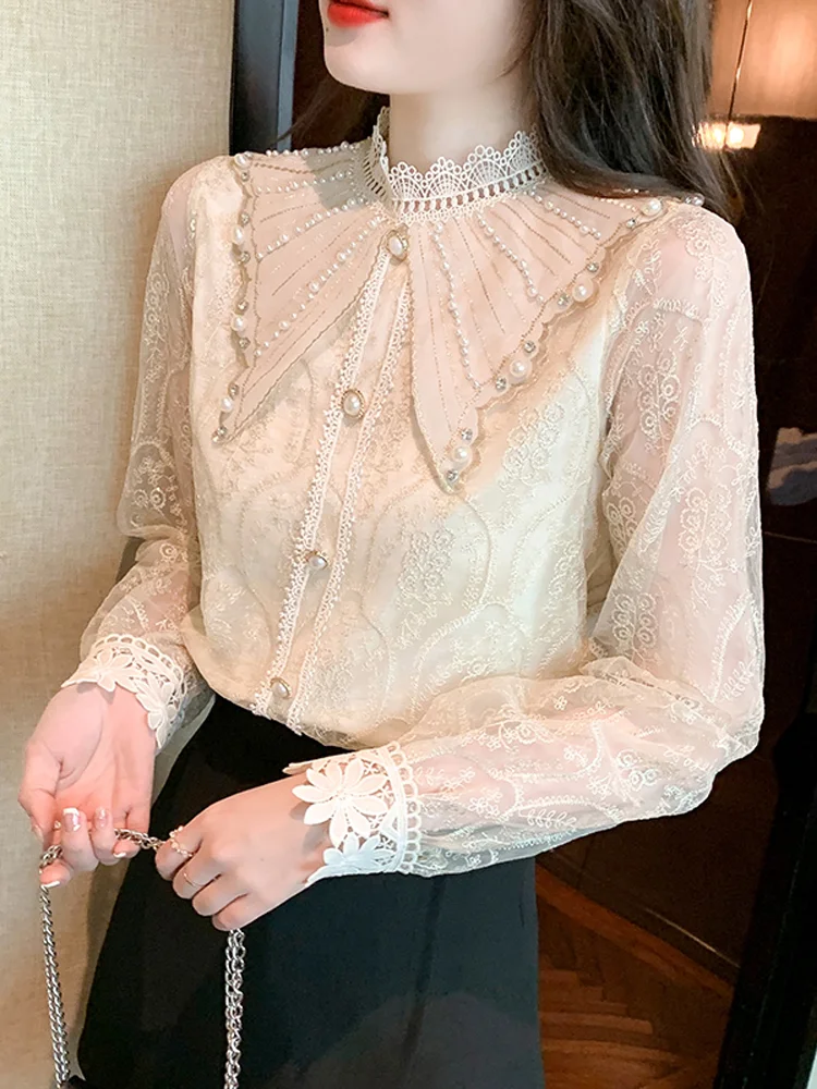 French Elegant Lace Shirt2023 New Fall Women Clothing Luxury Chic Beads Embroidery Cute Doll Collar Long Sleeve Blusas Top Lady