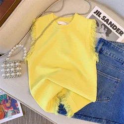 Tassel Sleeveless Yellow O Neck Knitted Tee Vest Women Casual Knitwear T-shirt Loose Casual Crop Tops