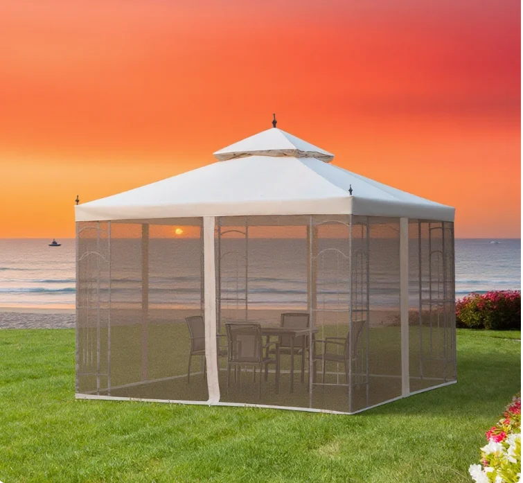 

Decorative outdoor pavilion with corner shelving, double-layer ventilated canopy for airflow guidance and moisture expulsion