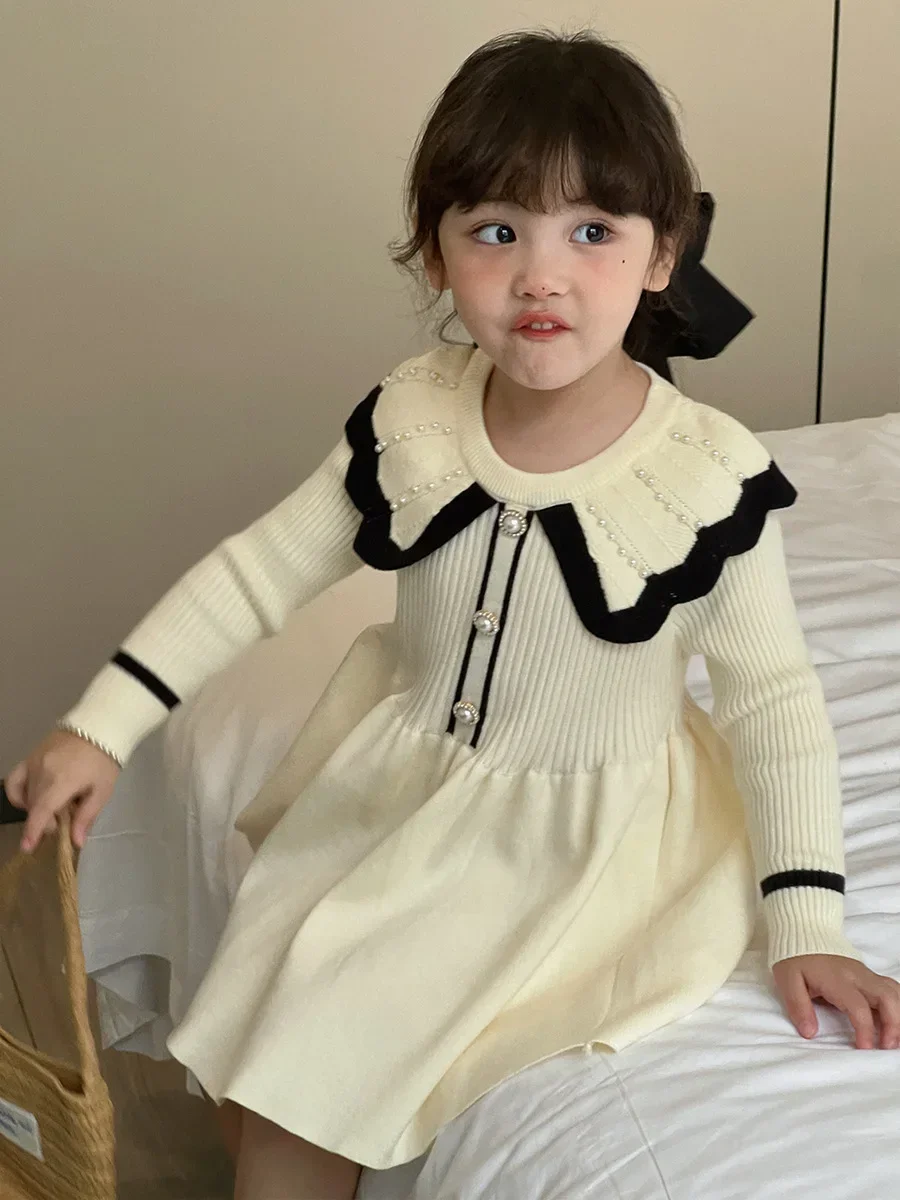 Girls Sweater Patchwork Dress Beaded Collar Lapel Winter Fall Dresses For Girls 2 3 4 5 6 7 8 9 10 Year White Black Clothing Kid