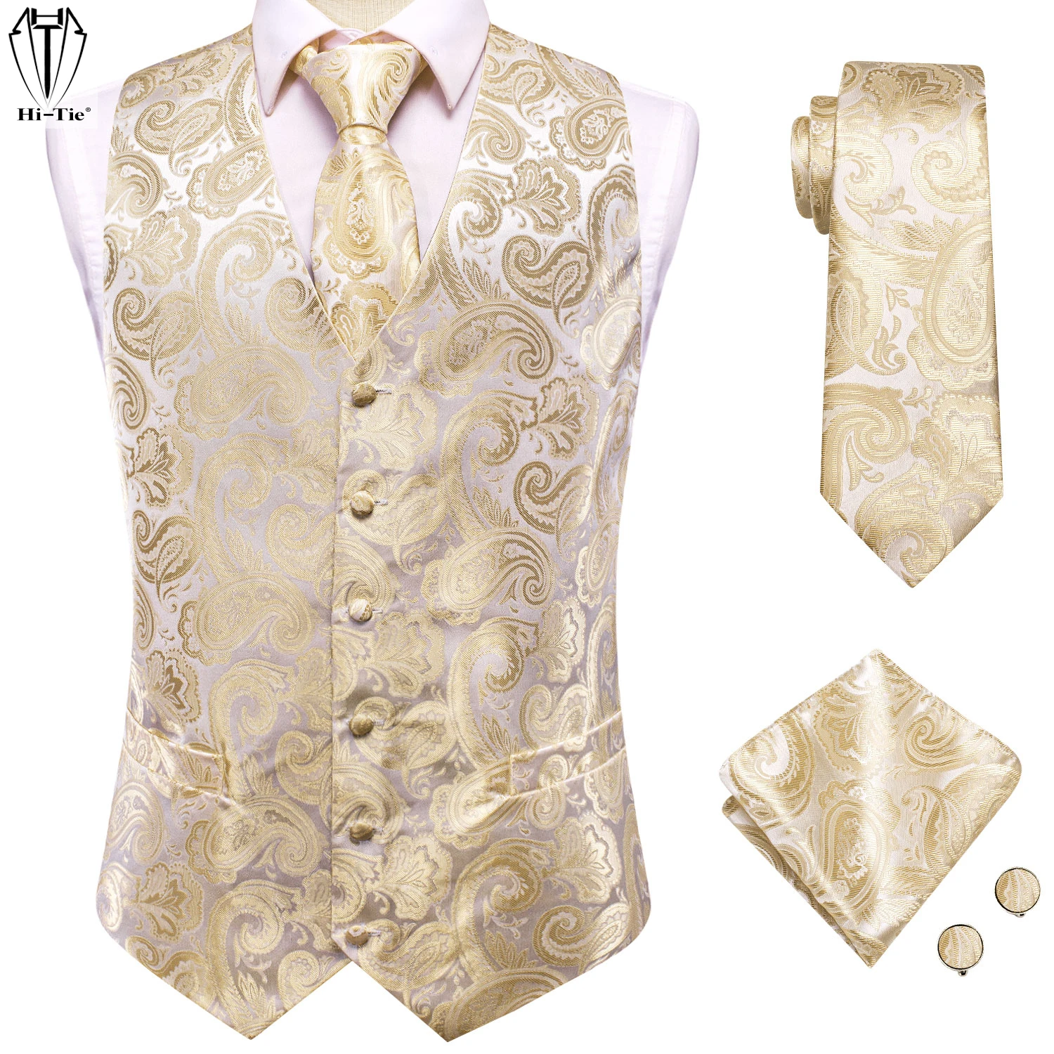 

Hi-Tie Luxury Silk Paisley Mens Vest Hanky Cufflinks Set Same Pattern 8 Colors Waistcoat Jacket for Wedding Business Band Groups