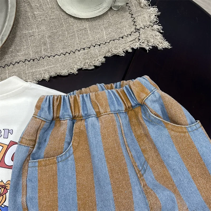 Boys Shorts Striped Jeans Summer 2024 New Preppy Style Middle Pants Baby Summer Knee Length Pants Children Clothes