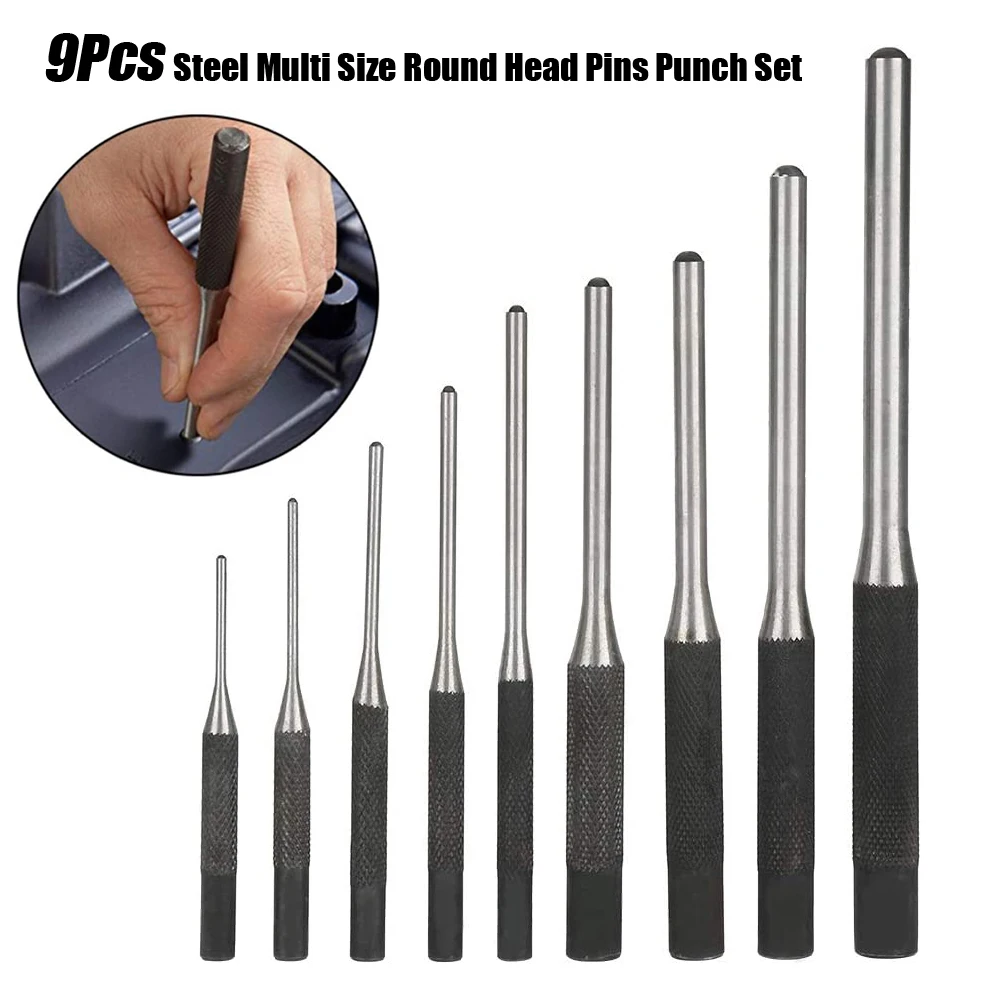 

9Pcs Steel Multi Size Round Head Pins Punch Set Grip Roll Pins Punch Tool Kit Professional Hollow End Starter Punch Chisel Tools