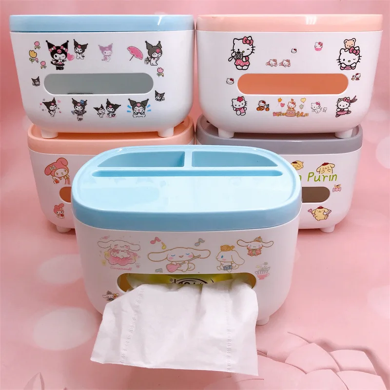 Caja de pañuelos Kawaii Sanrio Hello Kitty, caja de almacenamiento de servilletas de cocina, contenedor de papel Wc, soporte de papel higiénico de escritorio, decoración del hogar