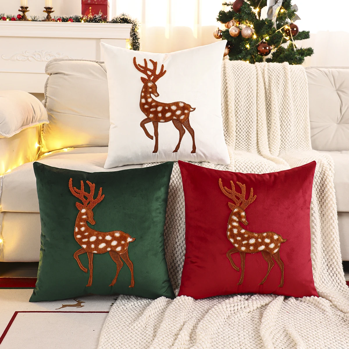 1PC Weihnachten Hirsch Dekokissenbezug Samt Stickerei Weihnachtsdekoration Wohnzimmer