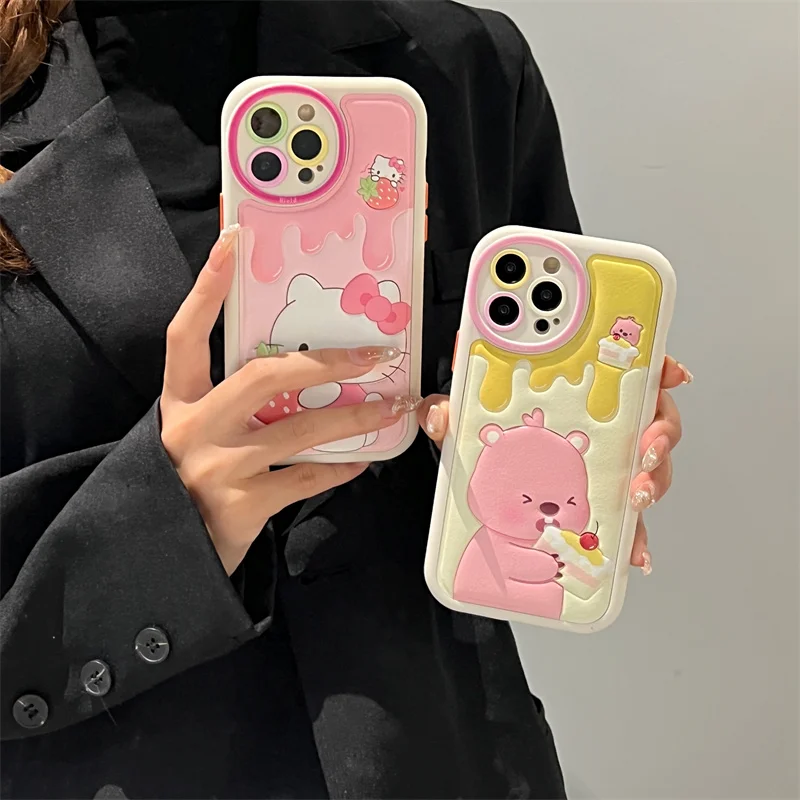 

Anime Pink Hello Kitty Bow Girls Cartoon Phone Case For iPhone 15 14 13 12 11 Pro Max Case Cute Leather Patterned Phone Cases