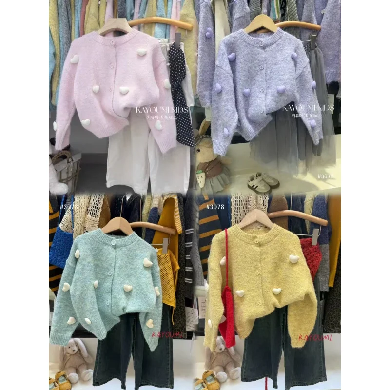 

2025New Girls' Sweater Children's 3D Heart Knitted Pullover Round Neck Autumn Winter Top Trendy