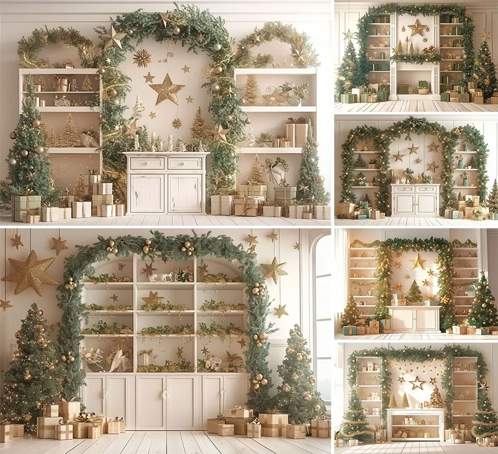 

Mehofond Christmas Cabinet Backdrop Family Holiday Party Xmas Tree Gold Stars Baby Shower Photography Background Photo Studio