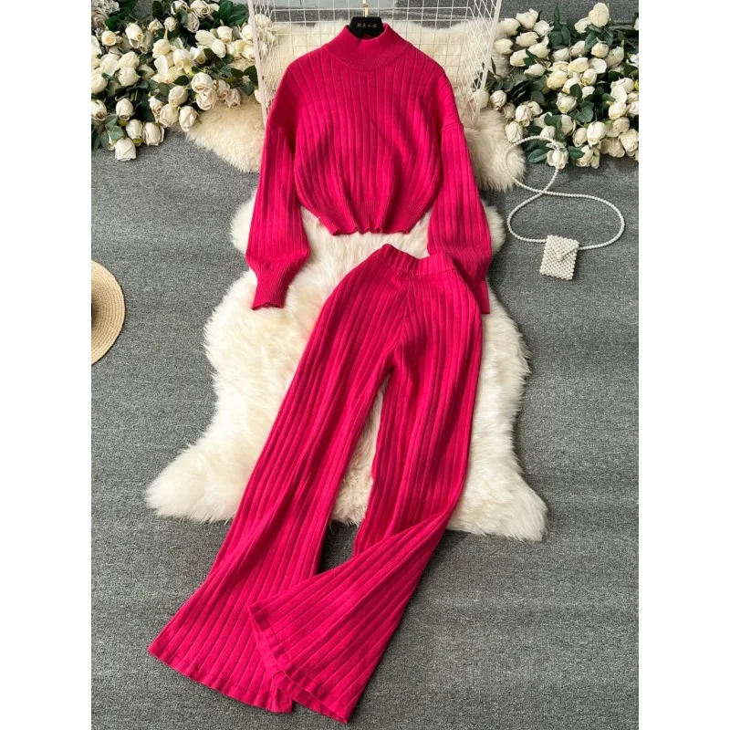 

New Fashion Turtleneck Pit Pullover Sweater Women's High Waist Wide Leg Trousers Winter Lazy Style for Women Two-piece Sets