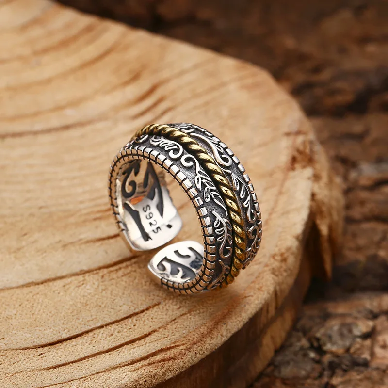 Wholesale  sterling silver ring Tang grass pattern men's ring opening Thai silver retro retro style personality trendy jewelry